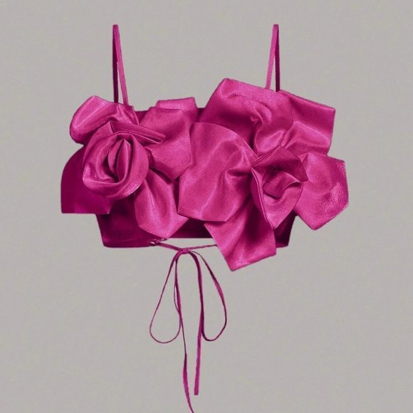 Flower Decor Lace Up Back Cami Top Pink - Picture 2 of 6